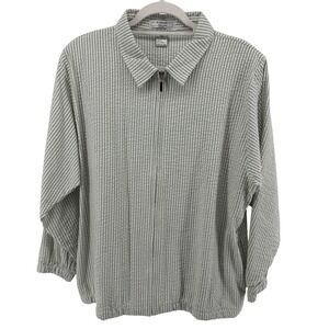 Vtg Women's XL Jacket Sage Green‎ White Seersucker Striped Cotton Full Zip NWT